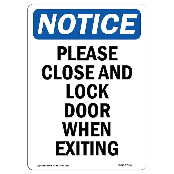 OSHA Sign, Please Close And Lock Door When Exiting, 14in X 10in Aluminum, 10"W, 14" L, Portrait